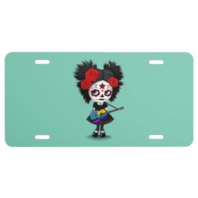 Sugar Skull Girl Playing USA Rainbow Flag Guitar License Plate (Front)