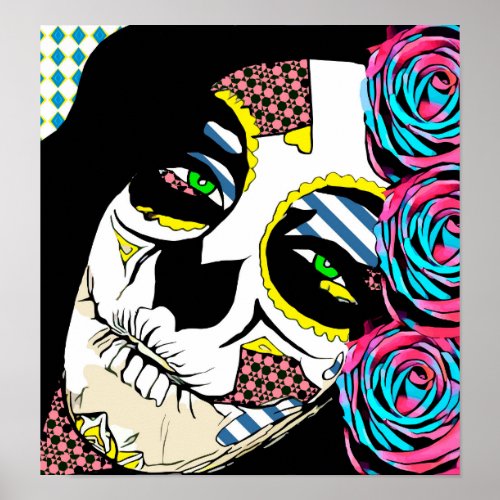 Sugar Skull Girl Roses Abstract Pop Art Poster