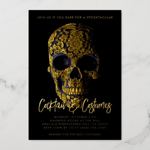 Sugar Skull Gold Dia De Los Muertos Halloween Foil Invitation