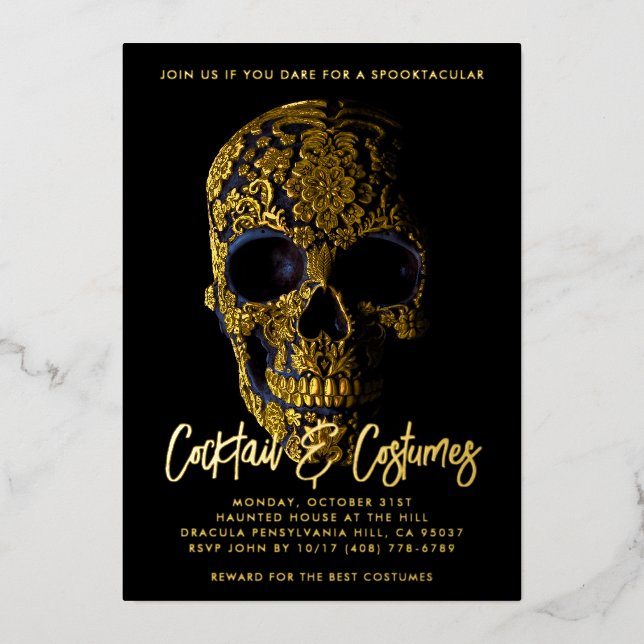 Sugar Skull Gold Dia De Los Muertos Halloween Foil Invitation (Front)