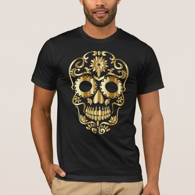 sugar skull gold gothic day of the dead biker T-Shirt (Front)