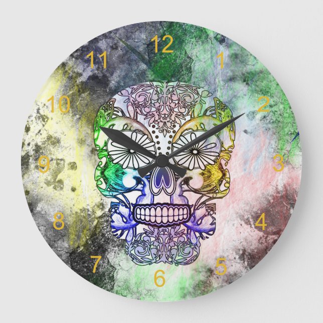 Sugar Skull Grunge Skeletal Large Clock (Front)