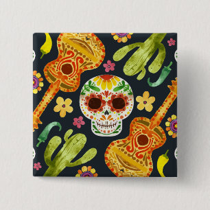 Sugar Skull & Guitars Dia de Muertos   Button