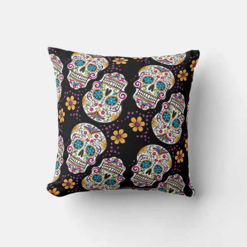 Sugar Skull Halloween Black Throw Pillow