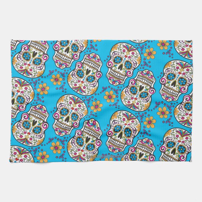 Sugar Skull Halloween Blue Towel (Horizontal)