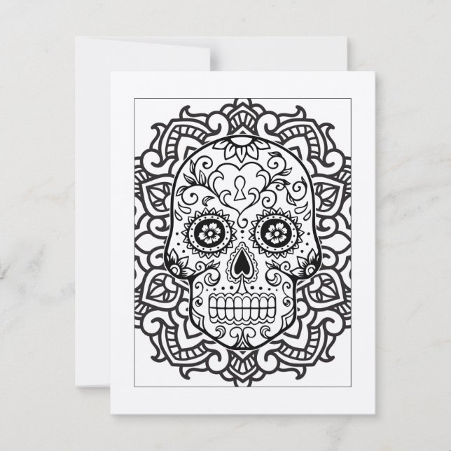 Sugar Skull Halloween Color-In Postcard (Front)