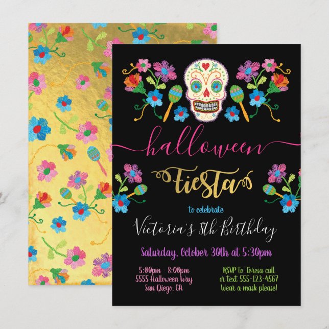 Sugar Skull Halloween Fiesta BIrthday Party Invitation (Front/Back)