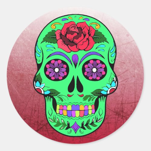 Sugar Skull Halloween Lime Green  Purple Classic Round Sticker