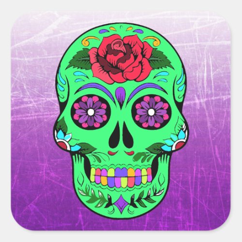 Sugar Skull Halloween Lime Green  Purple Square Sticker