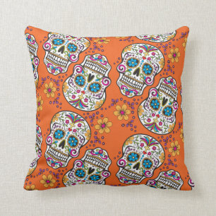 Sugar Skull Halloween Orange Throw Pillow