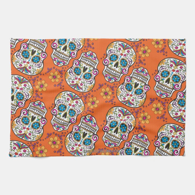Sugar Skull Halloween Orange Towel (Horizontal)