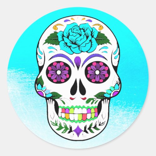 Sugar Skull Halloween Teal Purple Classic Round Sticker