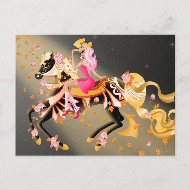 Sugar Skull Horse & Lady Black Yellow Postcard (Front)