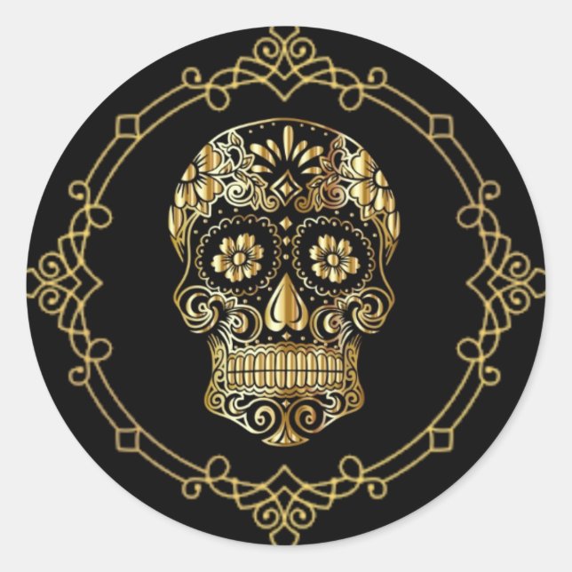 Sugar Skull in Black & Gold Classic Round Sticker (Front)