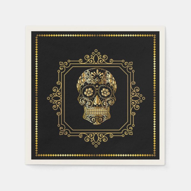 Sugar Skull in Black & Gold Cocktail Napkins (Front)