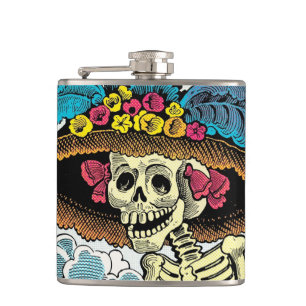 Sugar Skull Lady in Floral Sun Hat Pop Art Graphic Flask