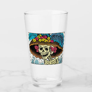 Sugar Skull Lady in Floral Sun Hat Pop Art Graphic Glass