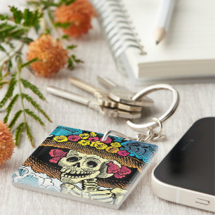 Sugar Skull Lady in Floral Sun Hat Pop Art Graphic Keychain