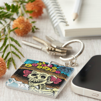 Sugar Skull Lady in Floral Sun Hat Pop Art Graphic Keychain