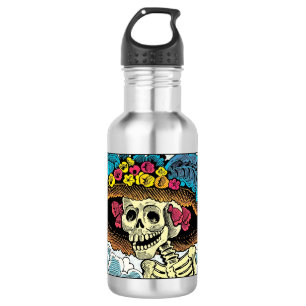 Sugar Skull Lady in Floral Sun Hat Pop Art Graphic Stainless Steel Water Bottle
