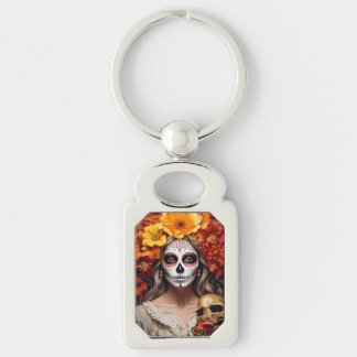 Sugar Skull Lady Metal Keychain