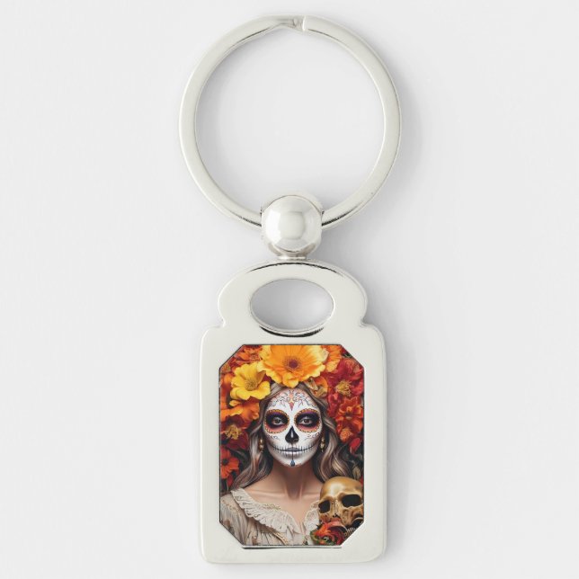 Sugar Skull Lady Metal Keychain (Front)