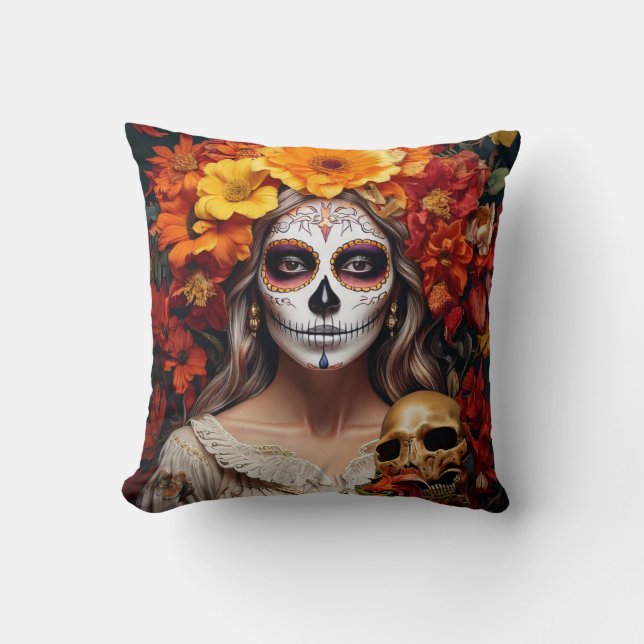 Sugar Skull Lady Throw Pillow (Front)