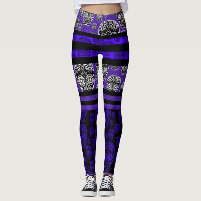 Sugar Skull Leggings Blue Stripe (Front)