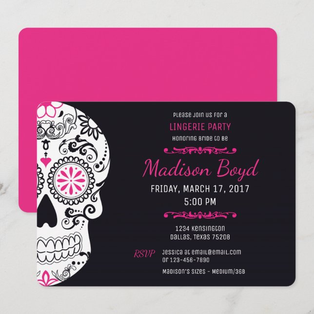 Sugar Skull Lingerie Party Hot Pink & Black Invite (Front/Back)