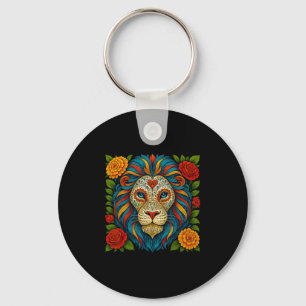 Sugar Skull Lion Dia De Muertos Halloween Day Of T Keychain