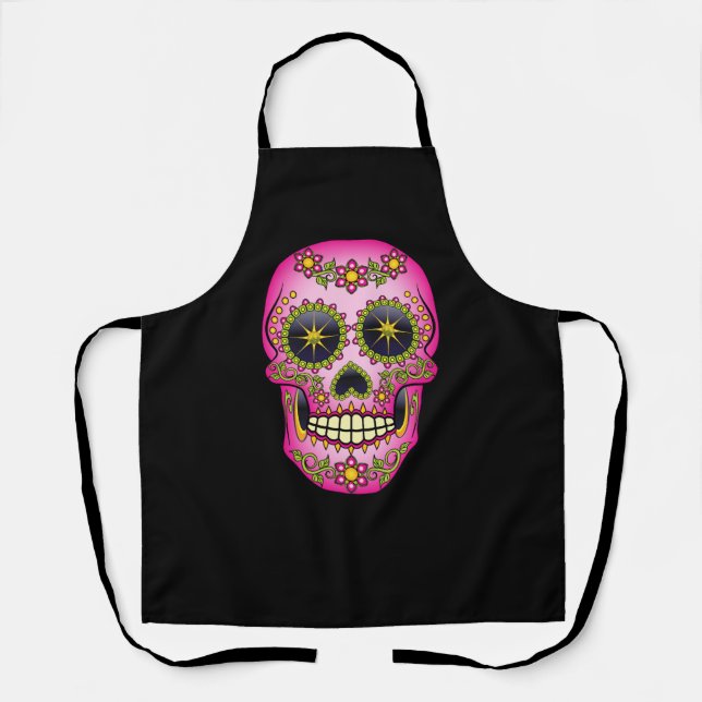Sugar Skull Magenta Floral  Apron (Front)