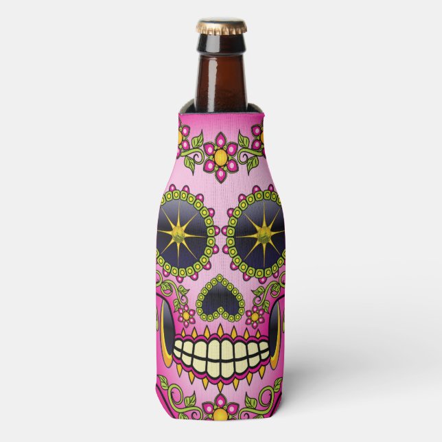 Sugar Skull Magenta Floral Bottle Cooler (Bottle Front)