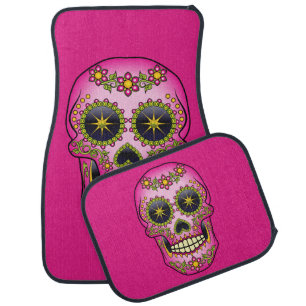 Sugar Skull Magenta Floral Car Floor Mat