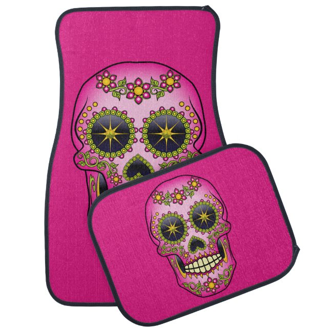 Sugar Skull Magenta Floral Car Floor Mat (Set)