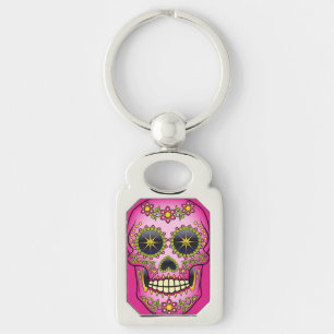 Sugar Skull Magenta Floral Keychain