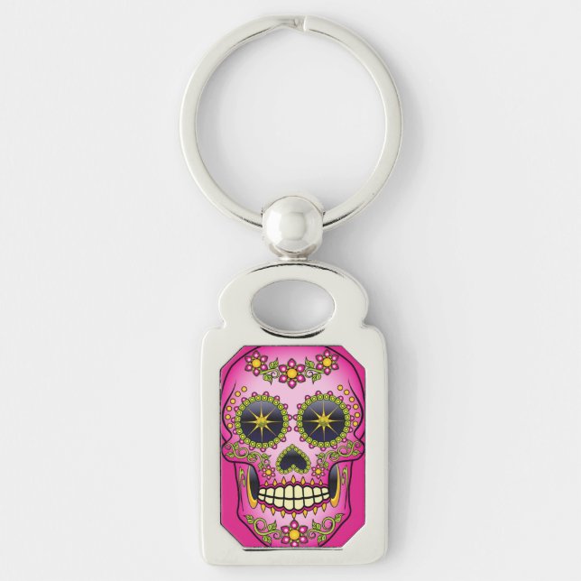 Sugar Skull Magenta Floral Keychain (Front)
