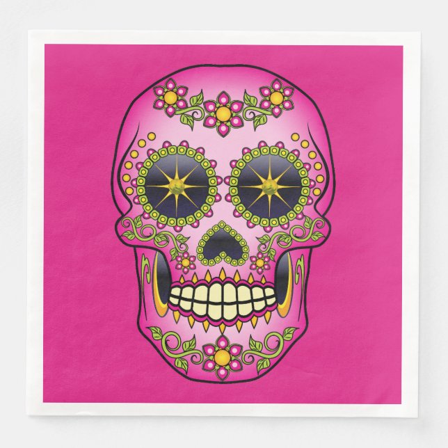 Sugar Skull Magenta Floral Paper Dinner Napkins (Front)