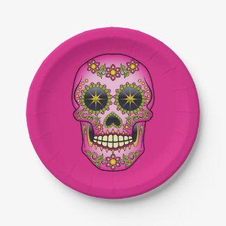 Sugar Skull Magenta Floral Paper Plates
