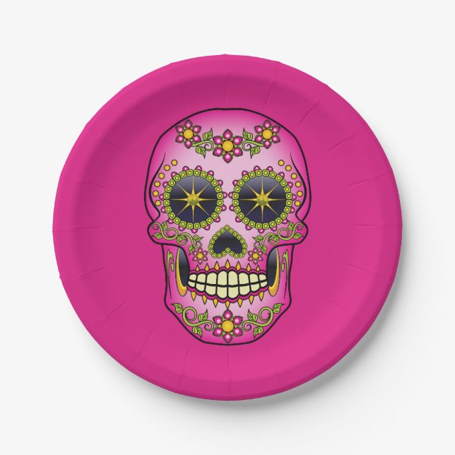 Sugar Skull Magenta Floral Paper Plates (Front)