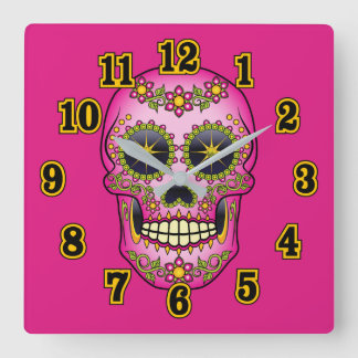 Sugar Skull Magenta Floral Square Wall Clock