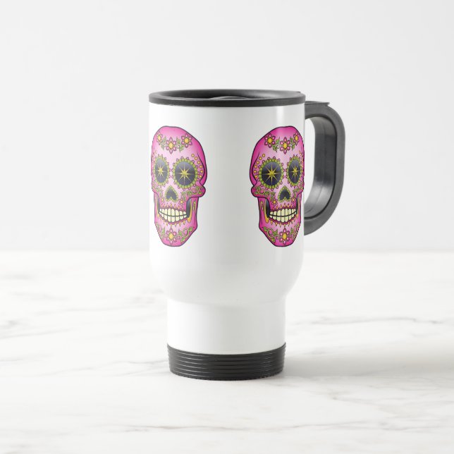 Sugar Skull Magenta Floral Travel Mug (Front Right)
