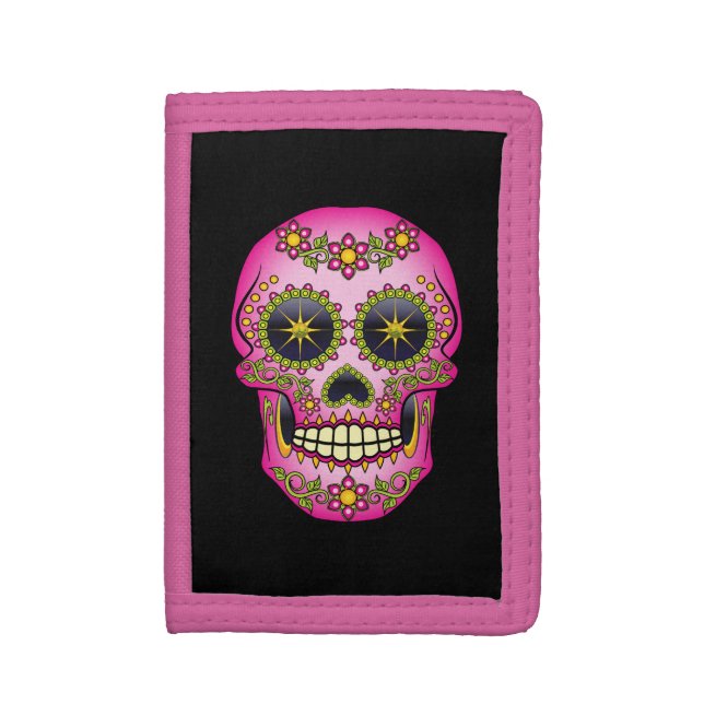 Sugar Skull Magenta Floral Tri-fold Wallet (Front Vertical)