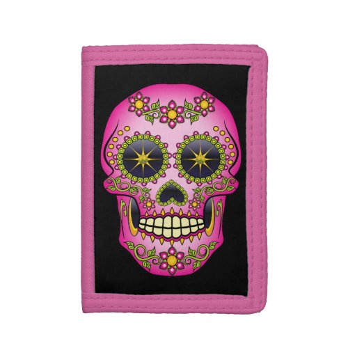 Sugar Skull Magenta Floral Tri_fold Wallet