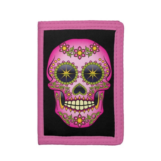 Sugar Skull Magenta Floral Tri-fold Wallet (Front Vertical)