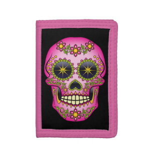 Sugar Skull Magenta Floral Trifold Wallet