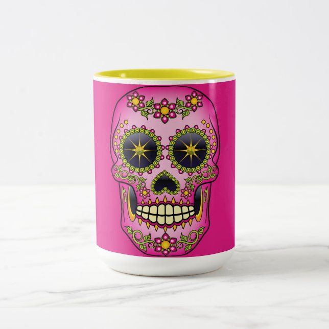 Sugar Skull Magenta Floral Two-Tone Coffee Mug (Center)