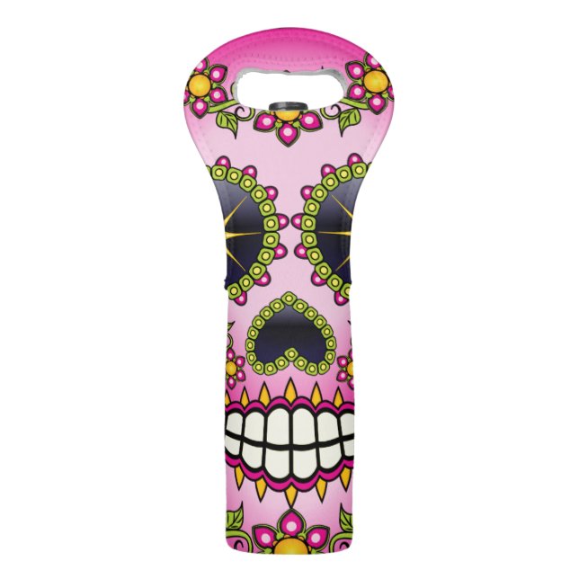 Sugar Skull Magenta Floral Wine Bag (Front)