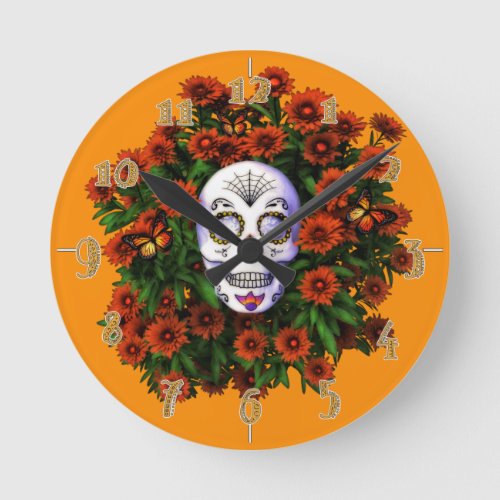 Sugar Skull Marigold Day Of The Dead Numbered Round Clock