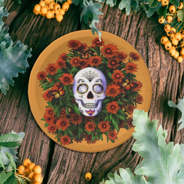 Sugar Skull Marigold Dia de Los Muertos Halloween  Paper Plates (Creator Uploaded)