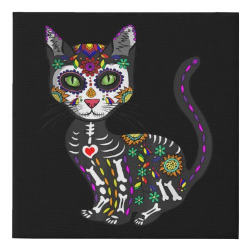 Sugar Skull Mexican Cat Halloween Day Of The Dead Faux Canvas Print